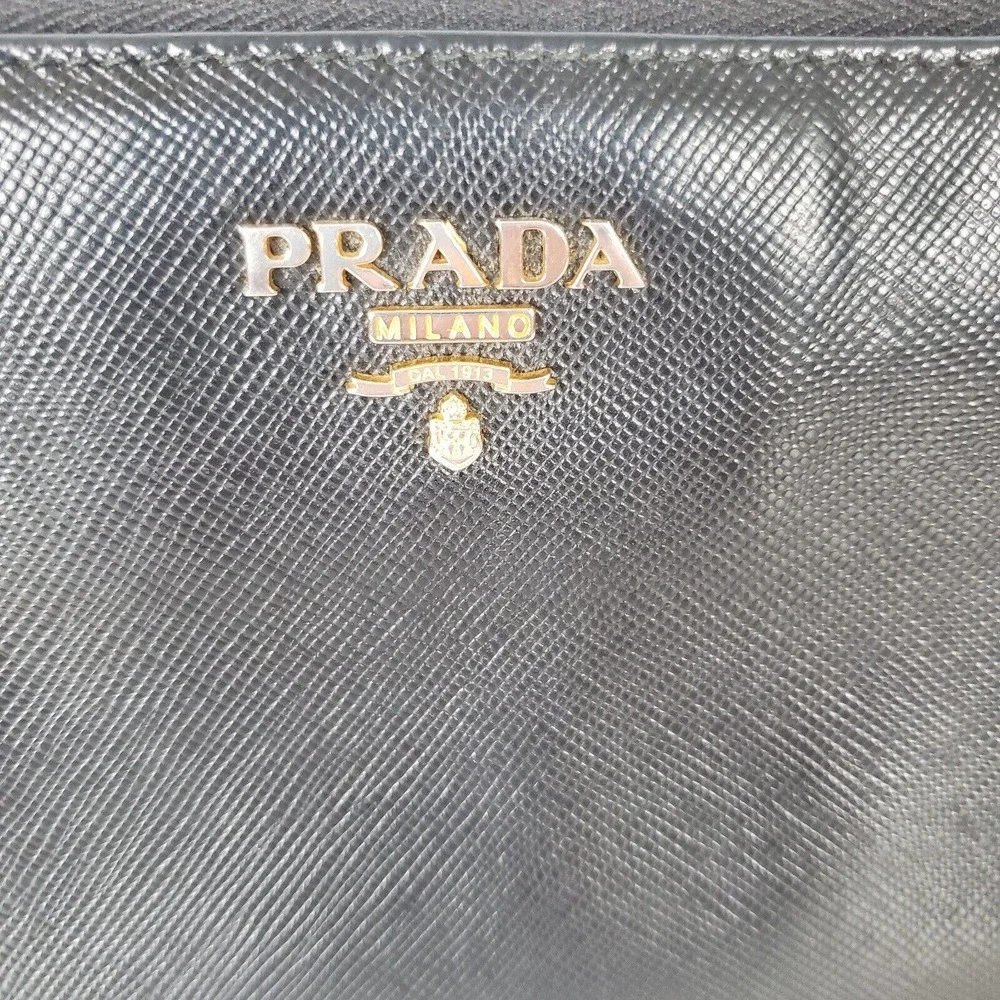 Prada Long Wallet Leather Zipper Black Zip Around Italy Continental Logo Clutch - Picture 2 of 13